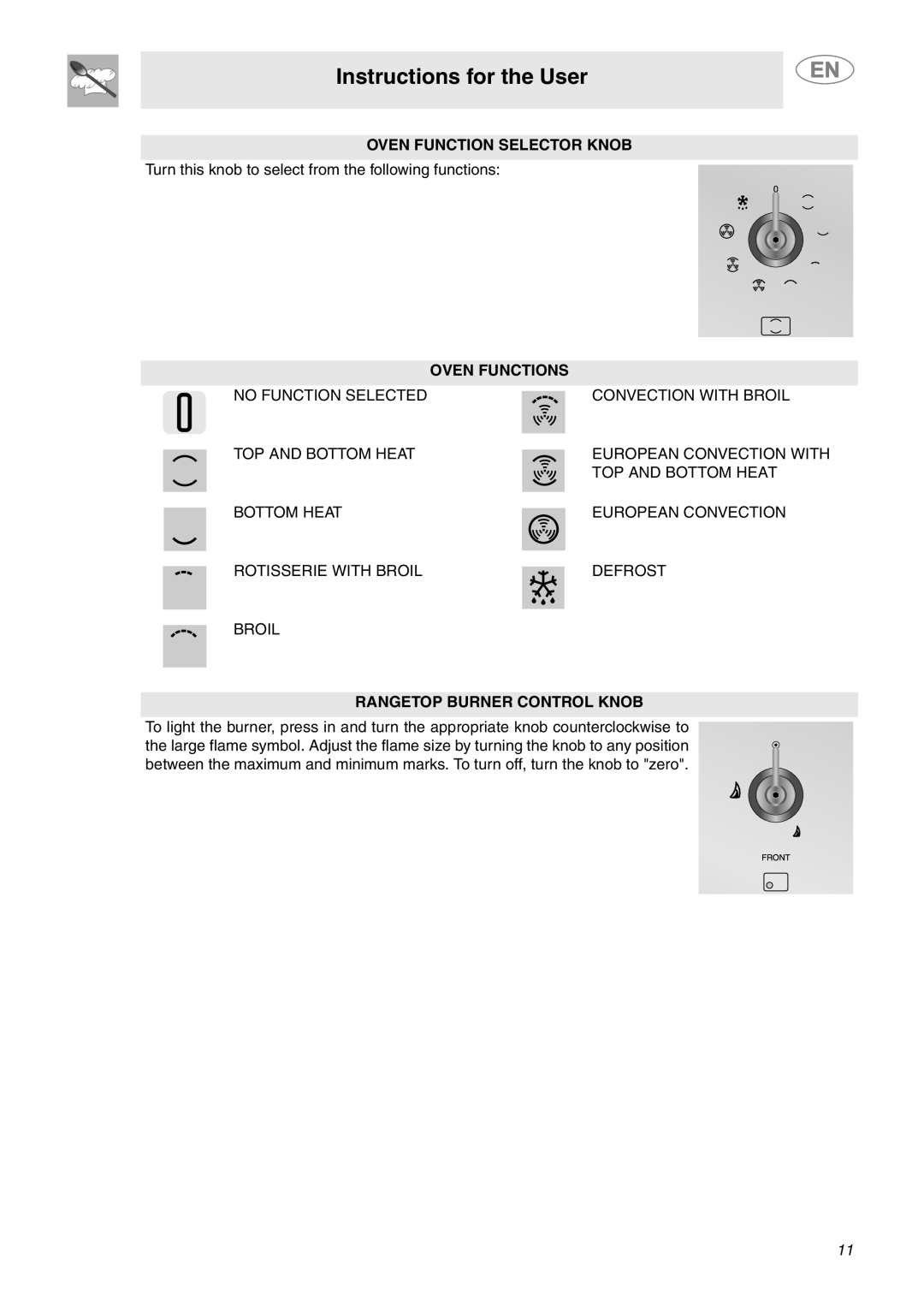 Smeg C9GMXU Instructions for the User, Oven Function Selector Knob, Oven Functions, Rangetop Burner Control Knob 