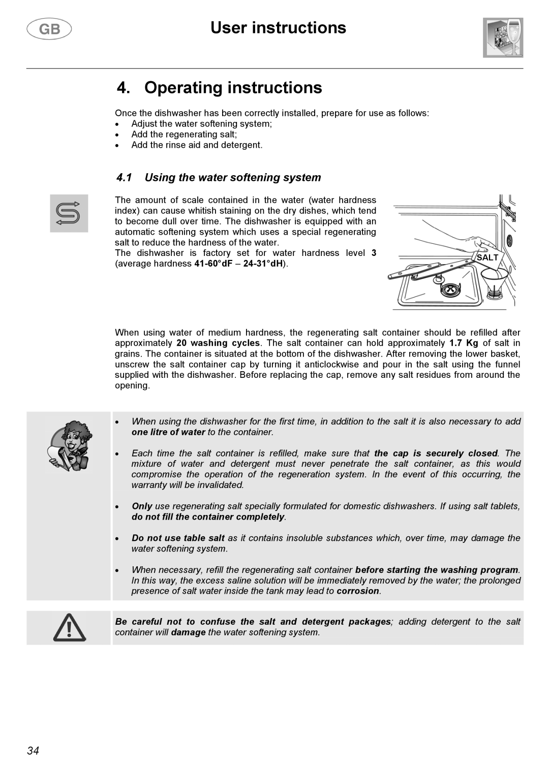 Smeg CA01-1 instruction manual User instructions Operating instructions, Using the water softening system 