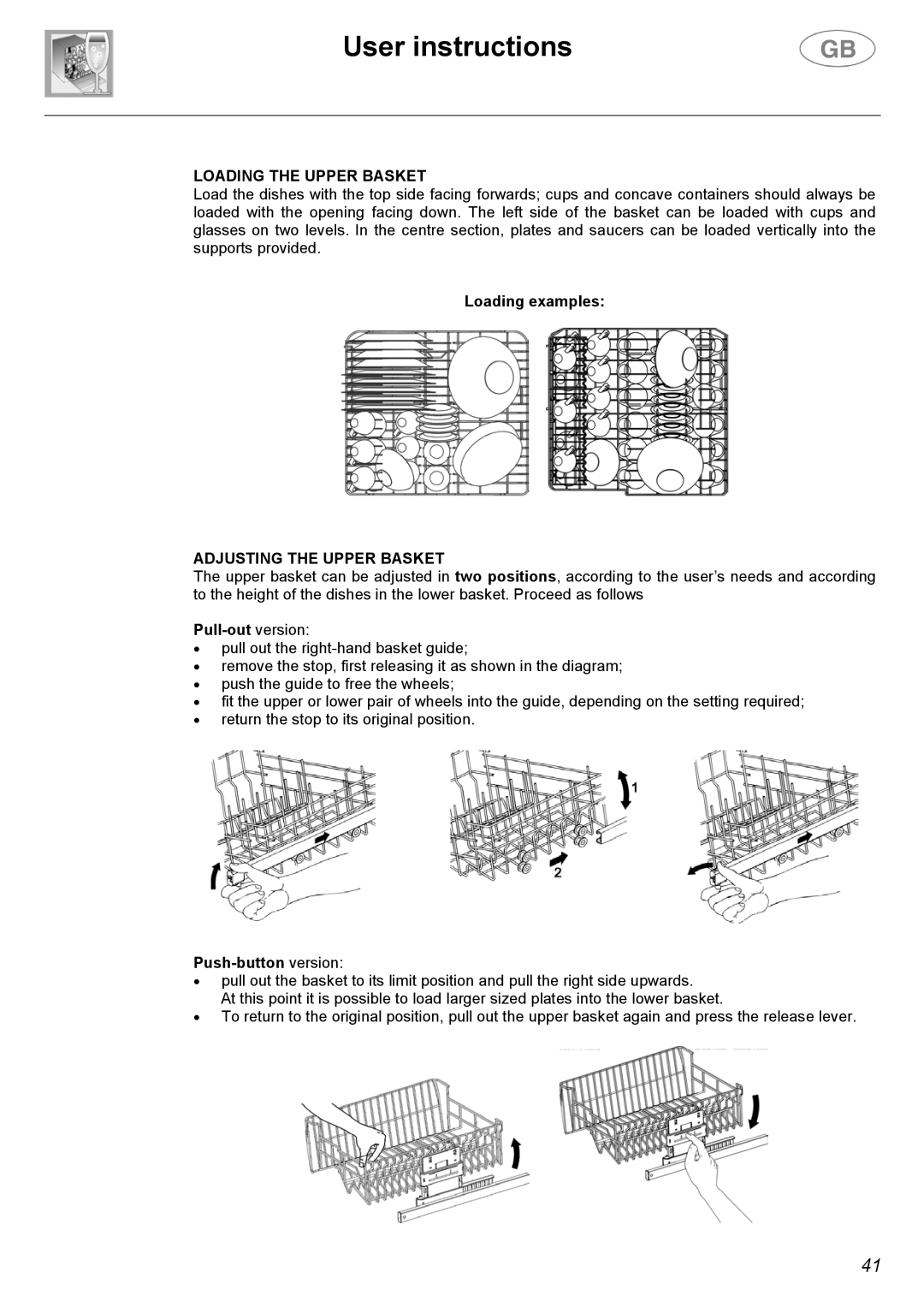 Smeg CA01-1 instruction manual Loading the Upper Basket, Adjusting the Upper Basket, Pull-out version, Push-button version 