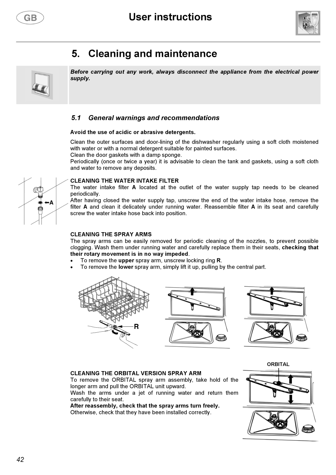 Smeg CA01-1 User instructions Cleaning and maintenance, Cleaning the Water Intake Filter, Cleaning the Spray Arms 