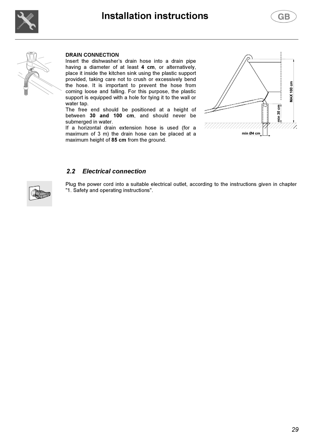 Smeg CA01-1 instruction manual Installation instructions, Electrical connection, Drain Connection 