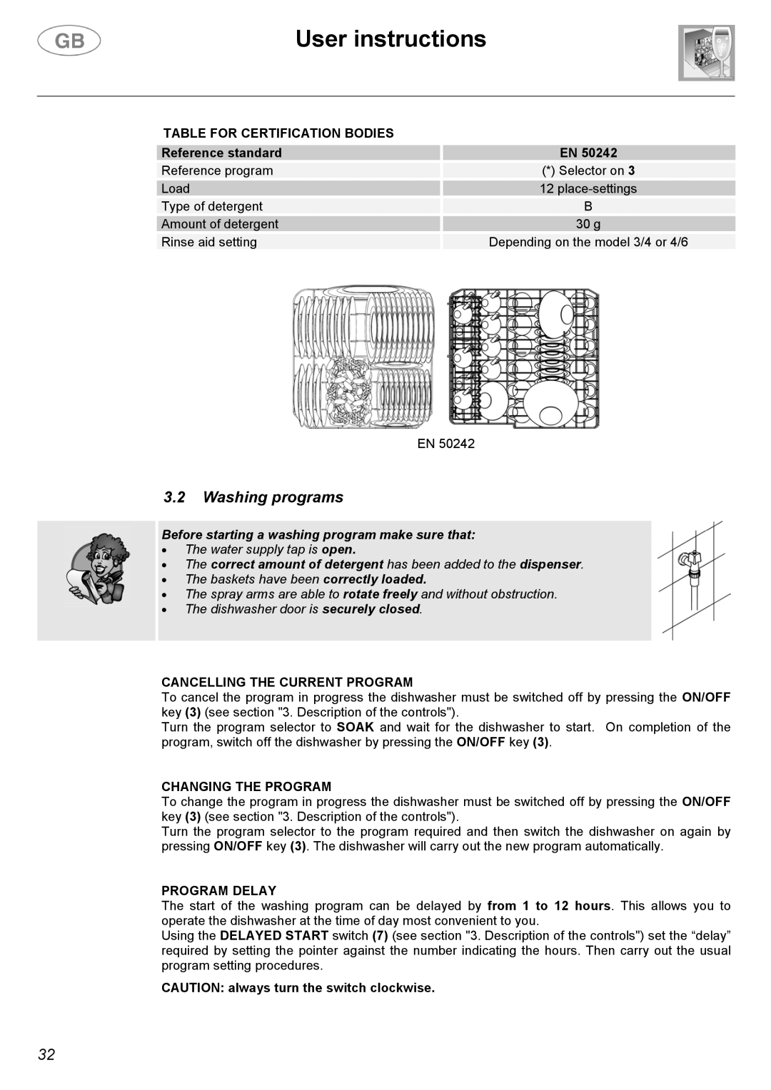 Smeg CA01-1 Washing programs, Table for Certification Bodies, Cancelling the Current Program, Changing the Program 