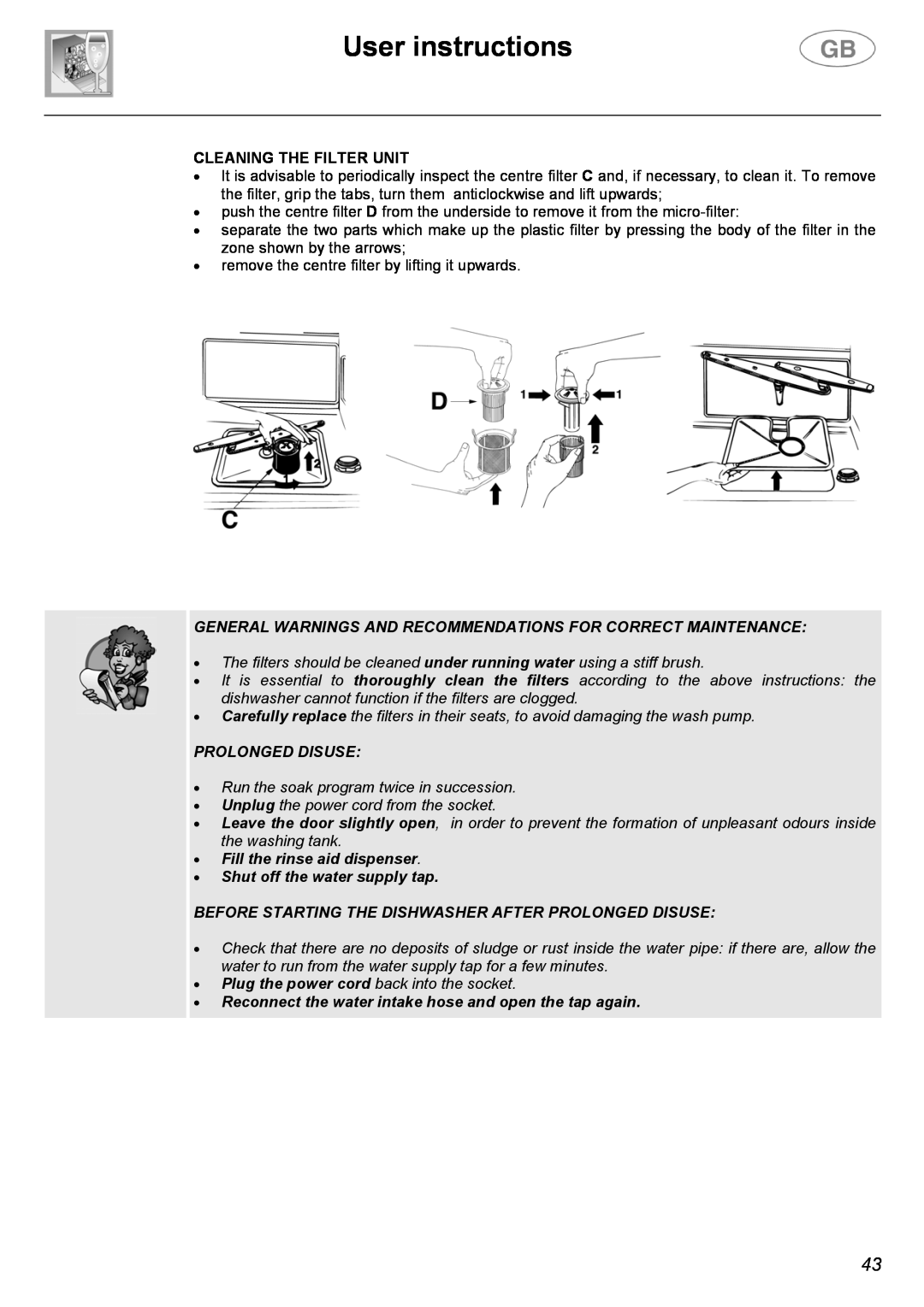 Smeg CA01-1 instruction manual User instructions, Cleaning The Filter Unit, Prolonged Disuse, Fill the rinse aid dispenser 