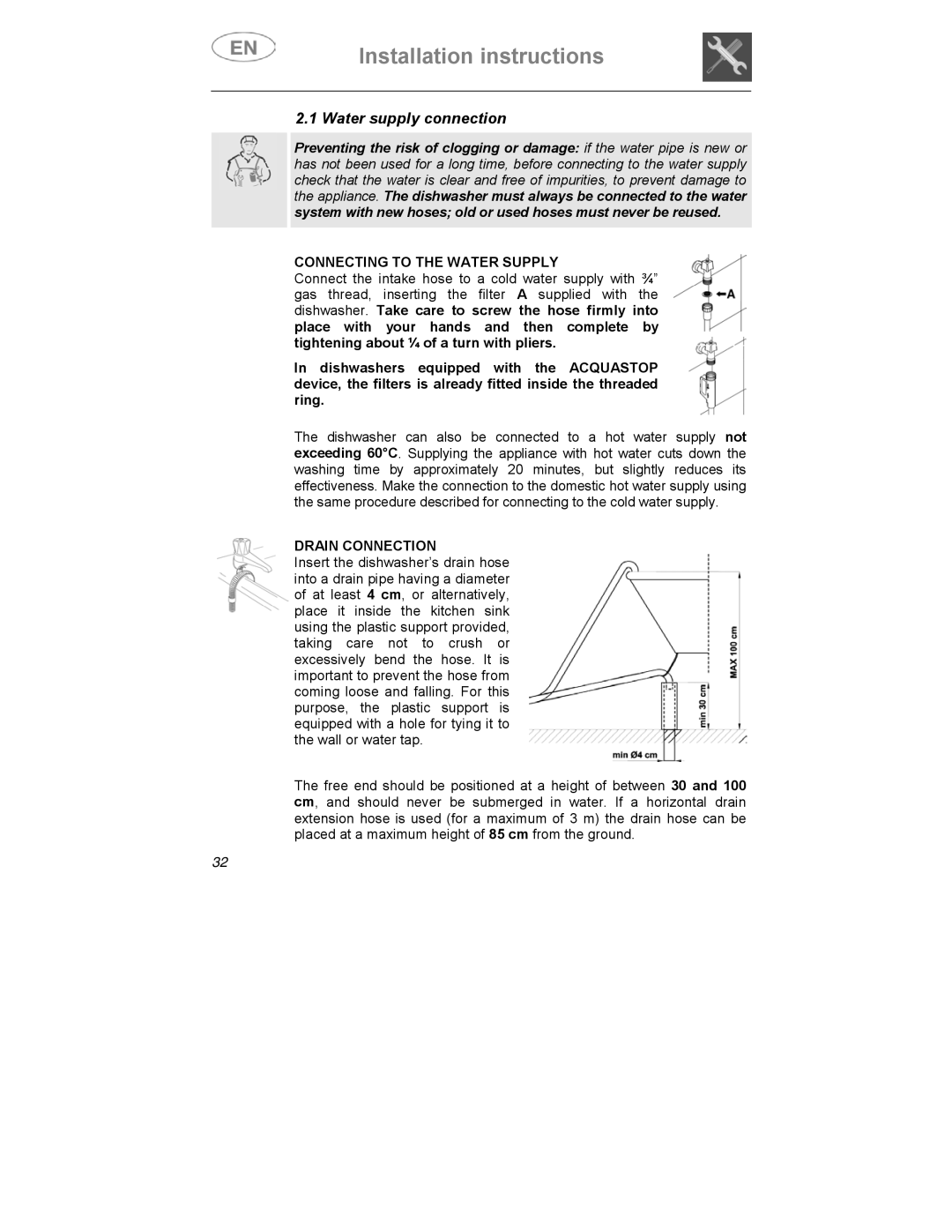 Smeg CA01-3 instruction manual Water supply connection, Connecting to the Water Supply, Drain Connection 