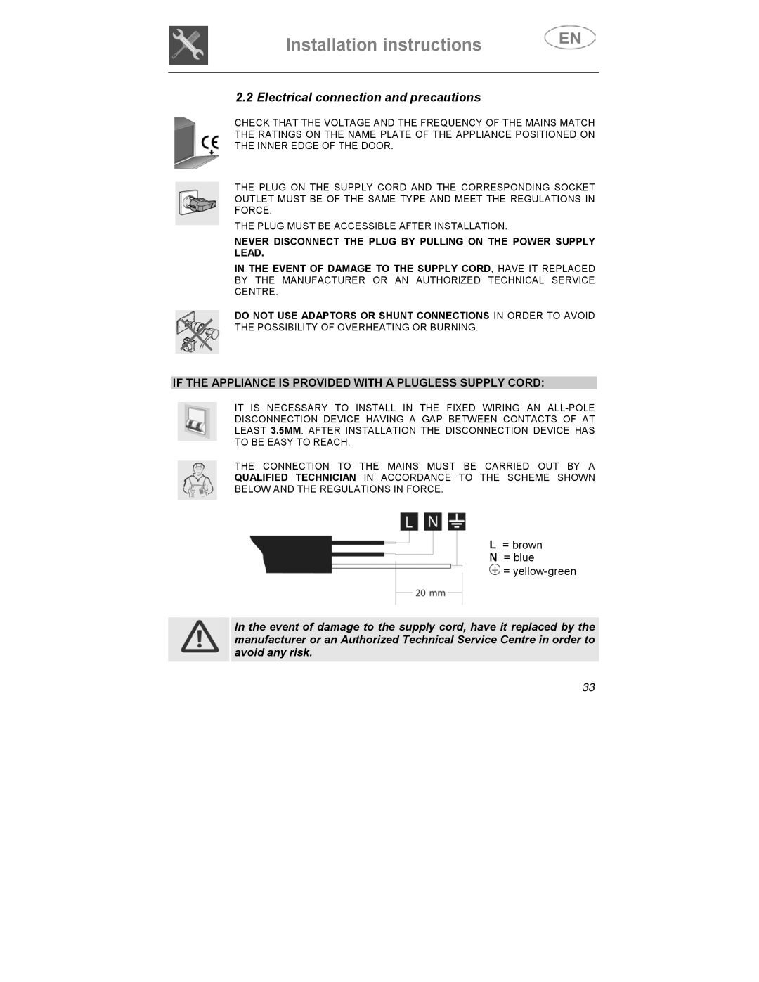 Smeg CA01-3 Electrical connection and precautions, If the Appliance is Provided with a Plugless Supply Cord 