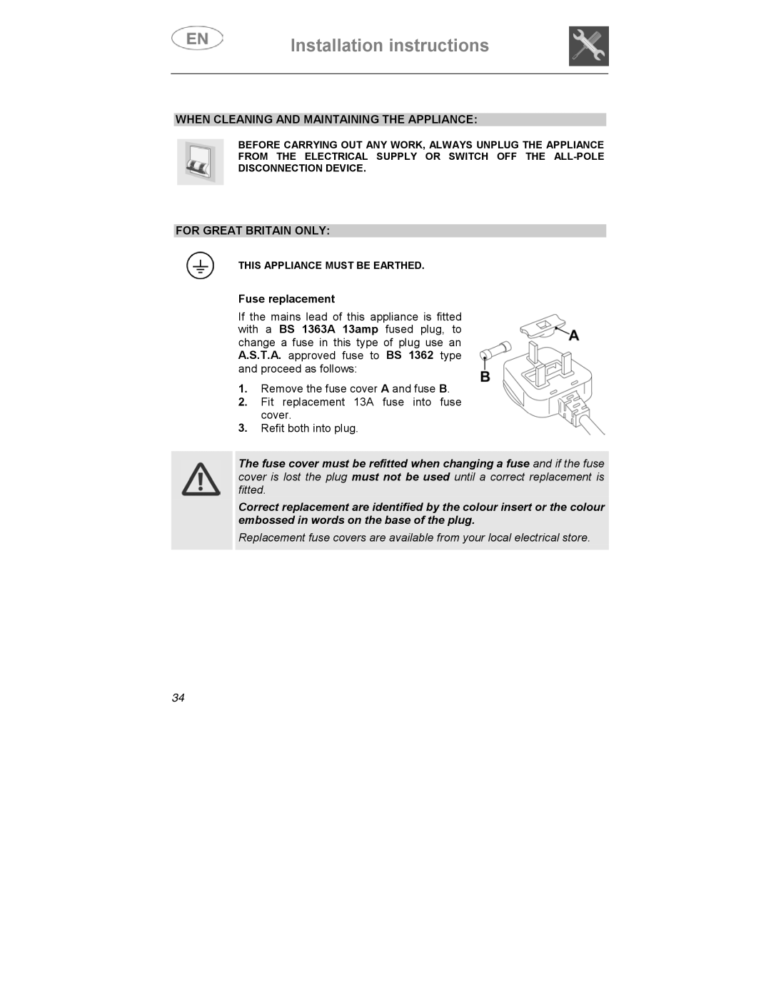 Smeg CA01-3 instruction manual When Cleaning and Maintaining the Appliance, For Great Britain only 