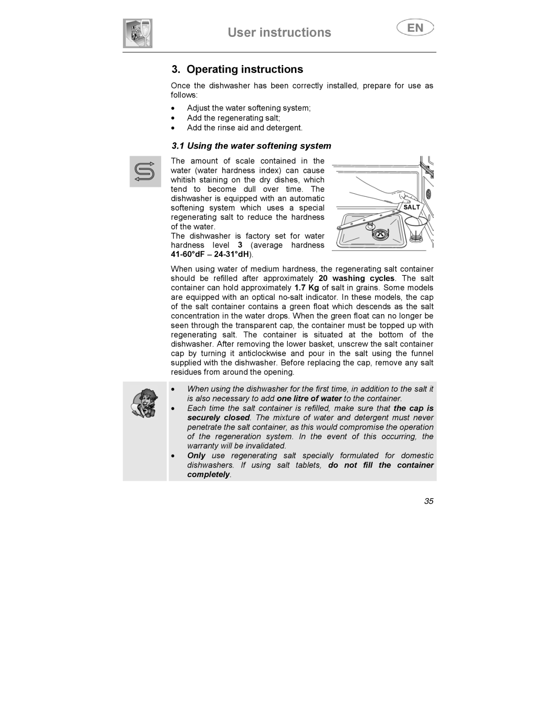 Smeg CA01-3 instruction manual Operating instructions, Using the water softening system 