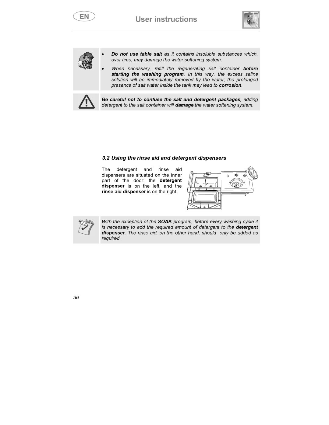 Smeg CA01-3 instruction manual Using the rinse aid and detergent dispensers 