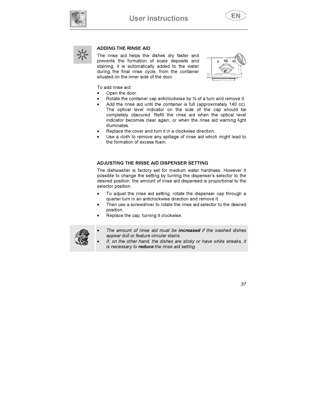 Smeg CA01-3 instruction manual Adding the Rinse AID, Adjusting the Rinse AID Dispenser Setting 