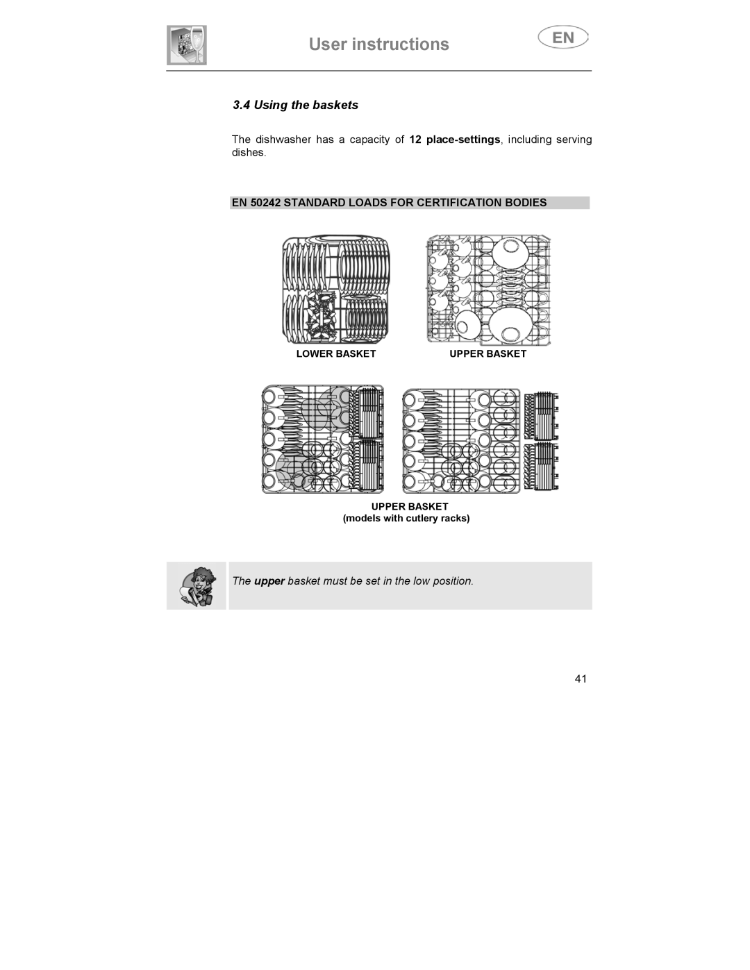 Smeg CA01-3 instruction manual Using the baskets, EN 50242 Standard Loads for Certification Bodies 