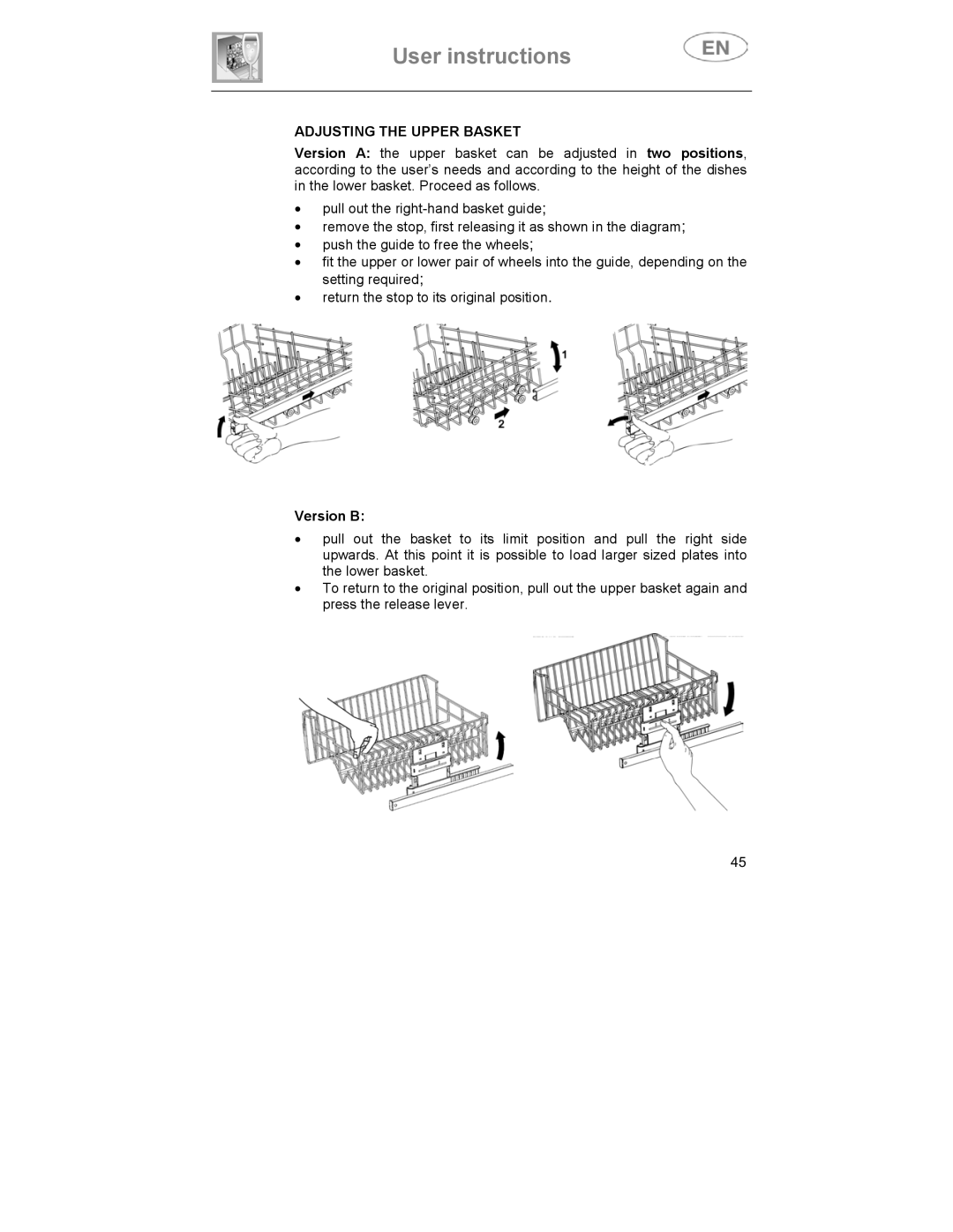 Smeg CA01-3 instruction manual Adjusting the Upper Basket, Version B 