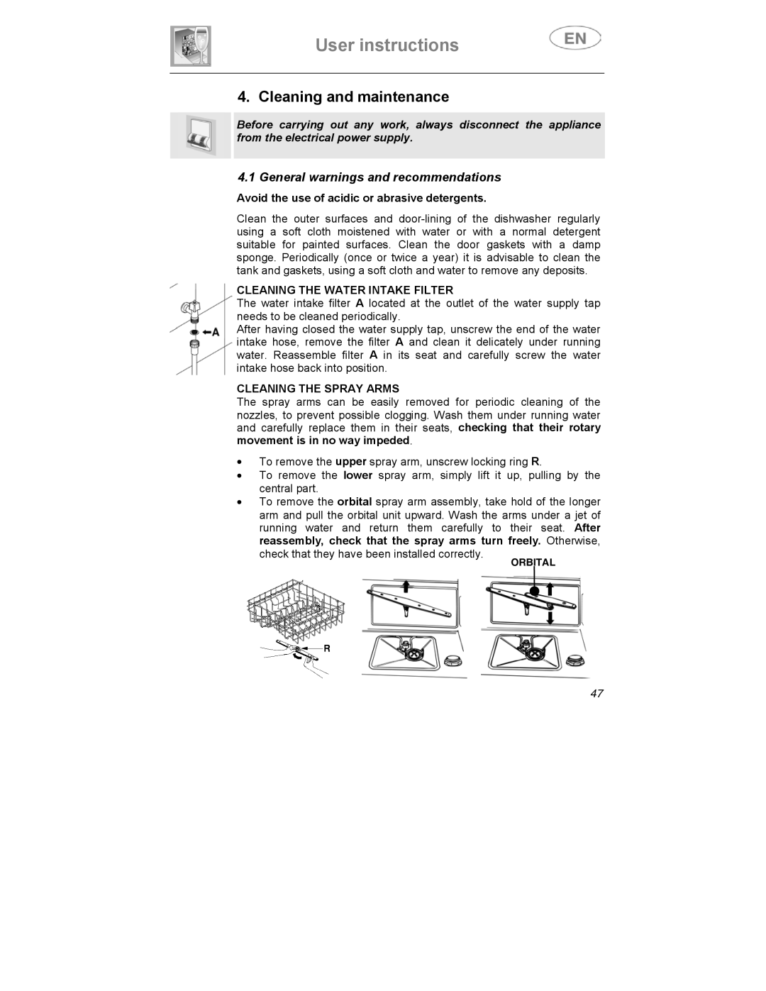 Smeg CA01-3 instruction manual Cleaning and maintenance, Cleaning the Water Intake Filter, Cleaning the Spray Arms 