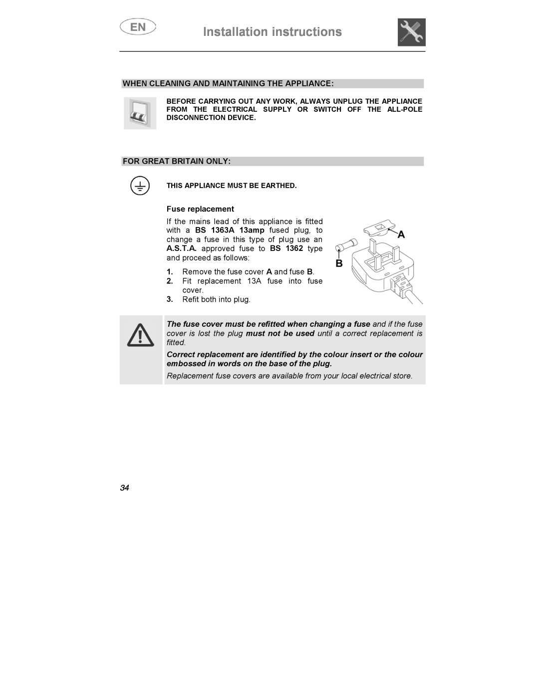 Smeg CA01-3 Installation instructions, When Cleaning And Maintaining The Appliance, For Great Britain Only 