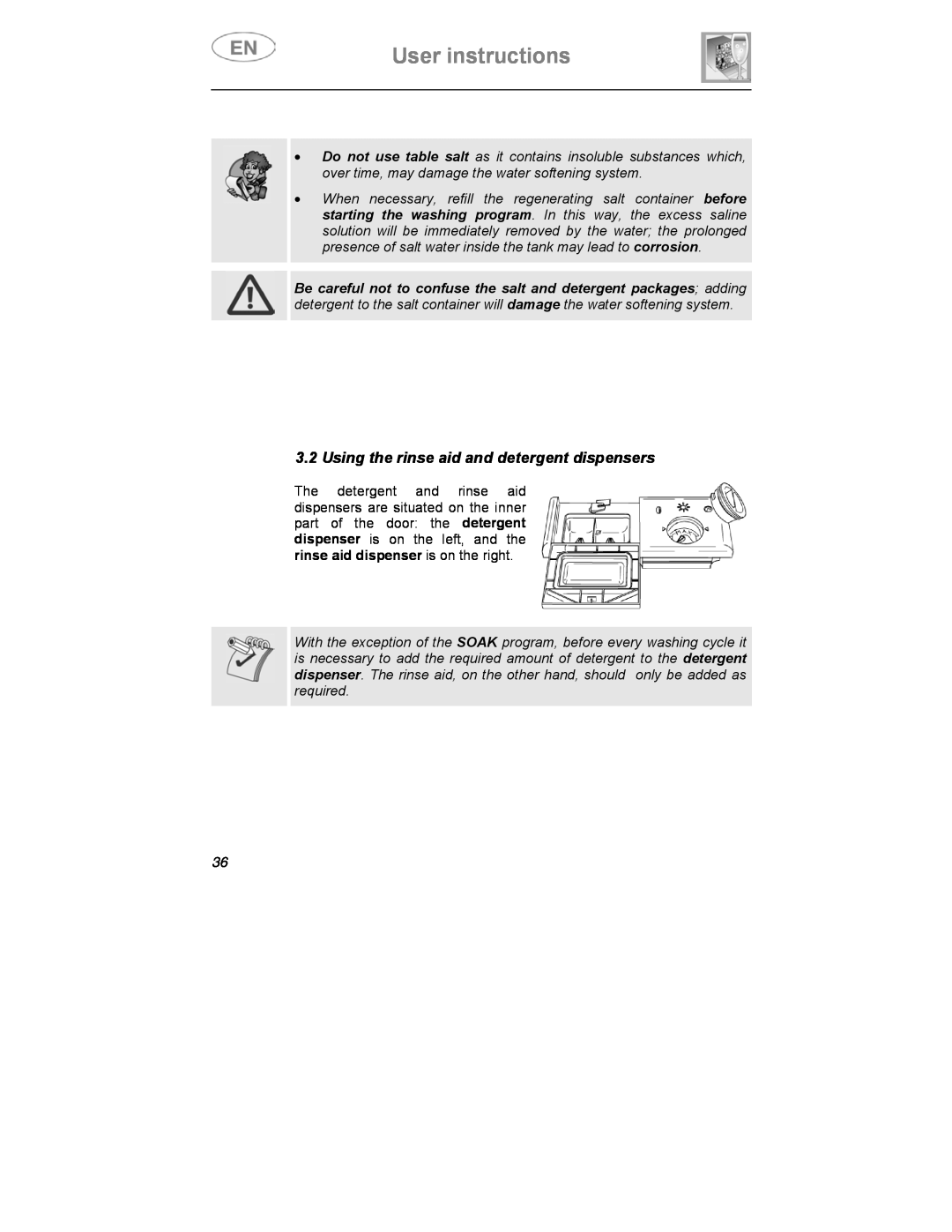 Smeg CA01-3 instruction manual User instructions, Using the rinse aid and detergent dispensers 