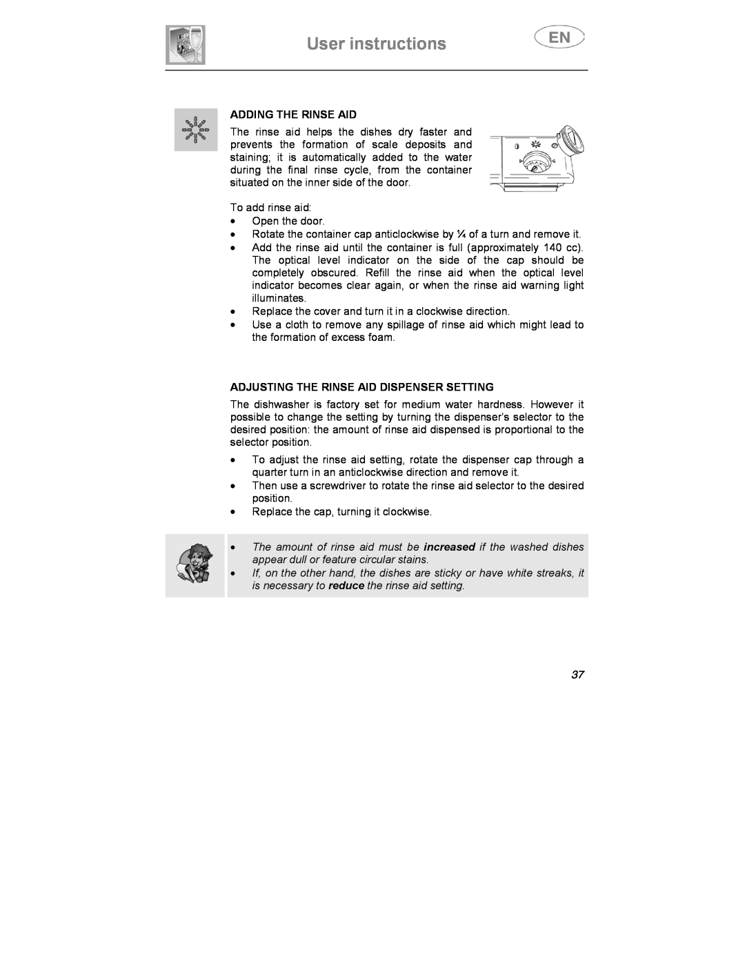 Smeg CA01-3 instruction manual User instructions, Adding The Rinse Aid, Adjusting The Rinse Aid Dispenser Setting 