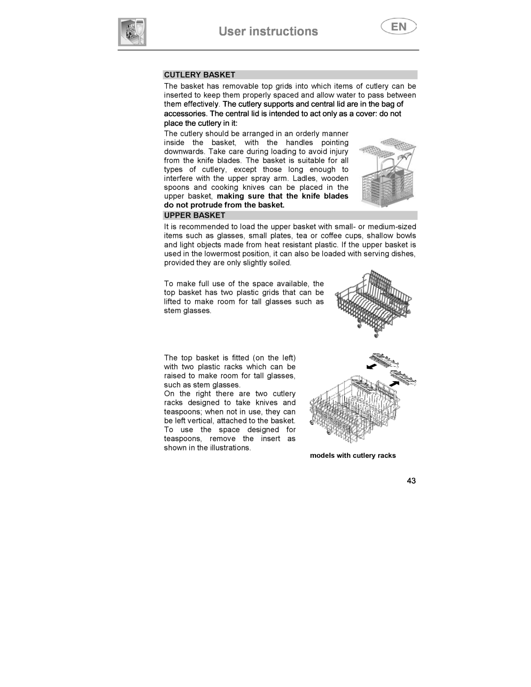 Smeg CA01-3 instruction manual User instructions, Cutlery Basket, Upper Basket, models with cutlery racks 