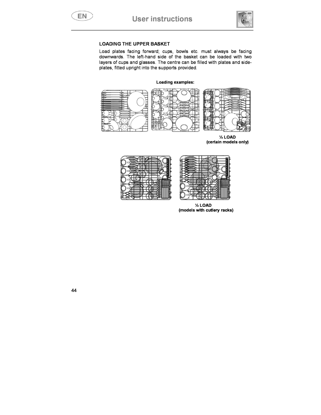 Smeg CA01-3 User instructions, Loading The Upper Basket, Loading examples ½ LOAD certain models only ½ LOAD 