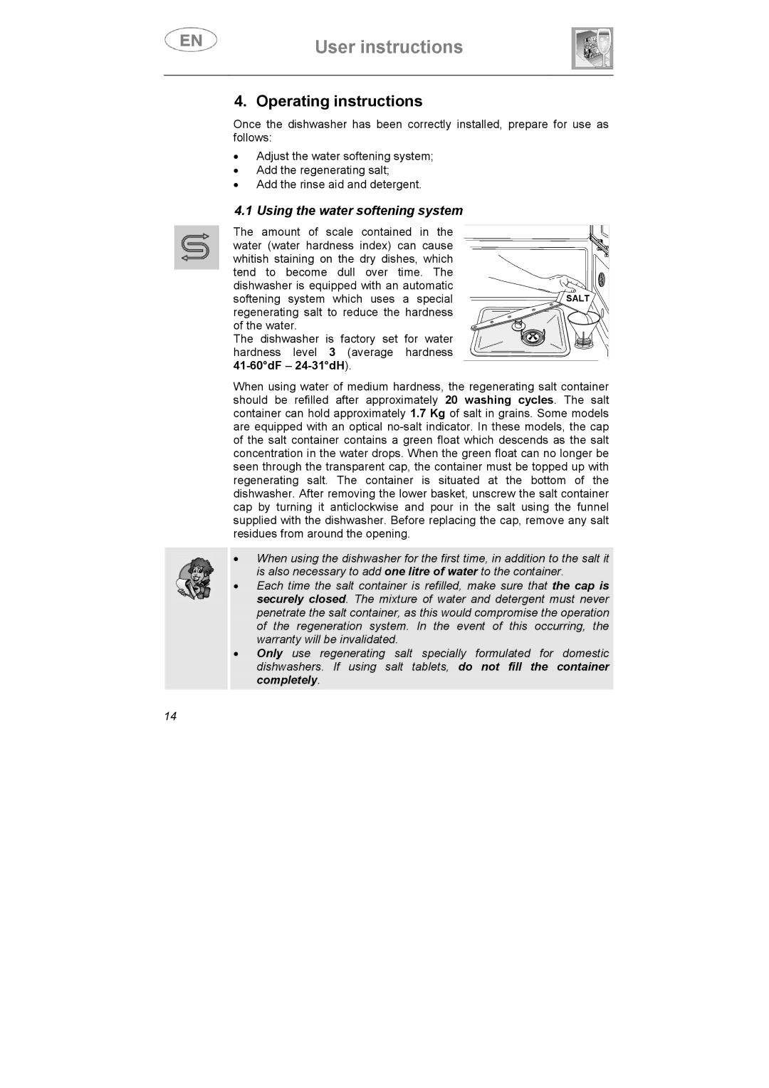 Smeg CA01-5, CA01-4, CA01S manual Operating instructions, Using the water softening system 