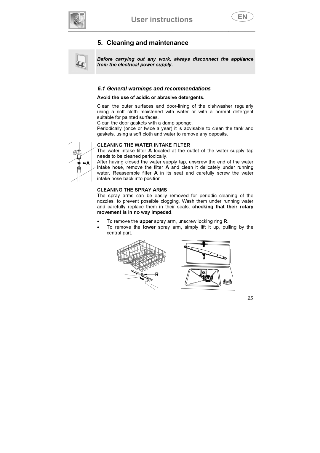 Smeg CA01S, CA01-5, CA01-4 manual Cleaning and maintenance, Cleaning the Water Intake Filter, Cleaning the Spray Arms 