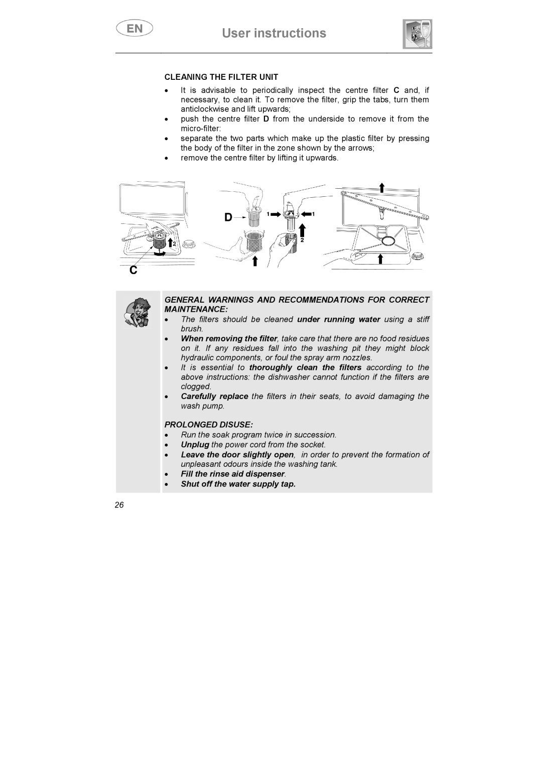 Smeg CA01-5, CA01-4, CA01S manual Cleaning the Filter Unit, Prolonged Disuse 