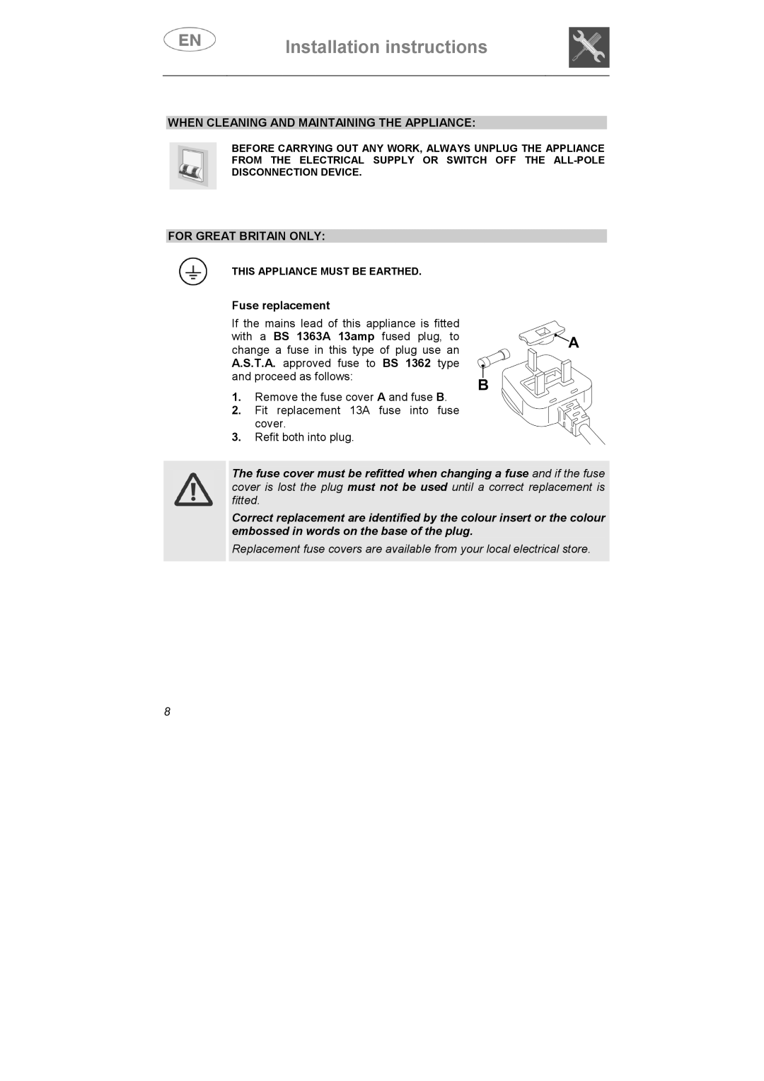 Smeg CA01-5, CA01-4, CA01S manual When Cleaning and Maintaining the Appliance, For Great Britain only 