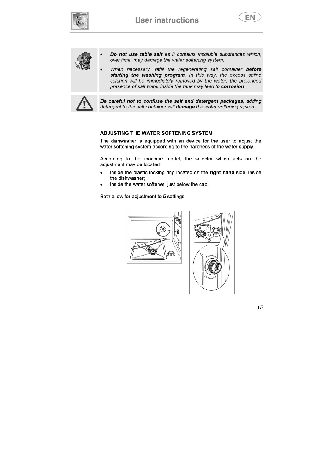 Smeg CA01-4, CA01-5, CA01S manual User instructions, Adjusting The Water Softening System 