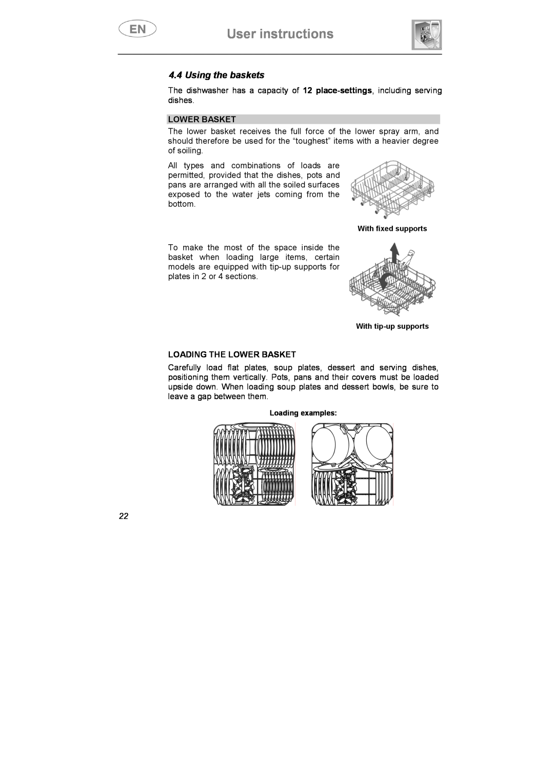 Smeg CA01S, CA01-5, CA01-4 manual User instructions, Using the baskets, Loading The Lower Basket 