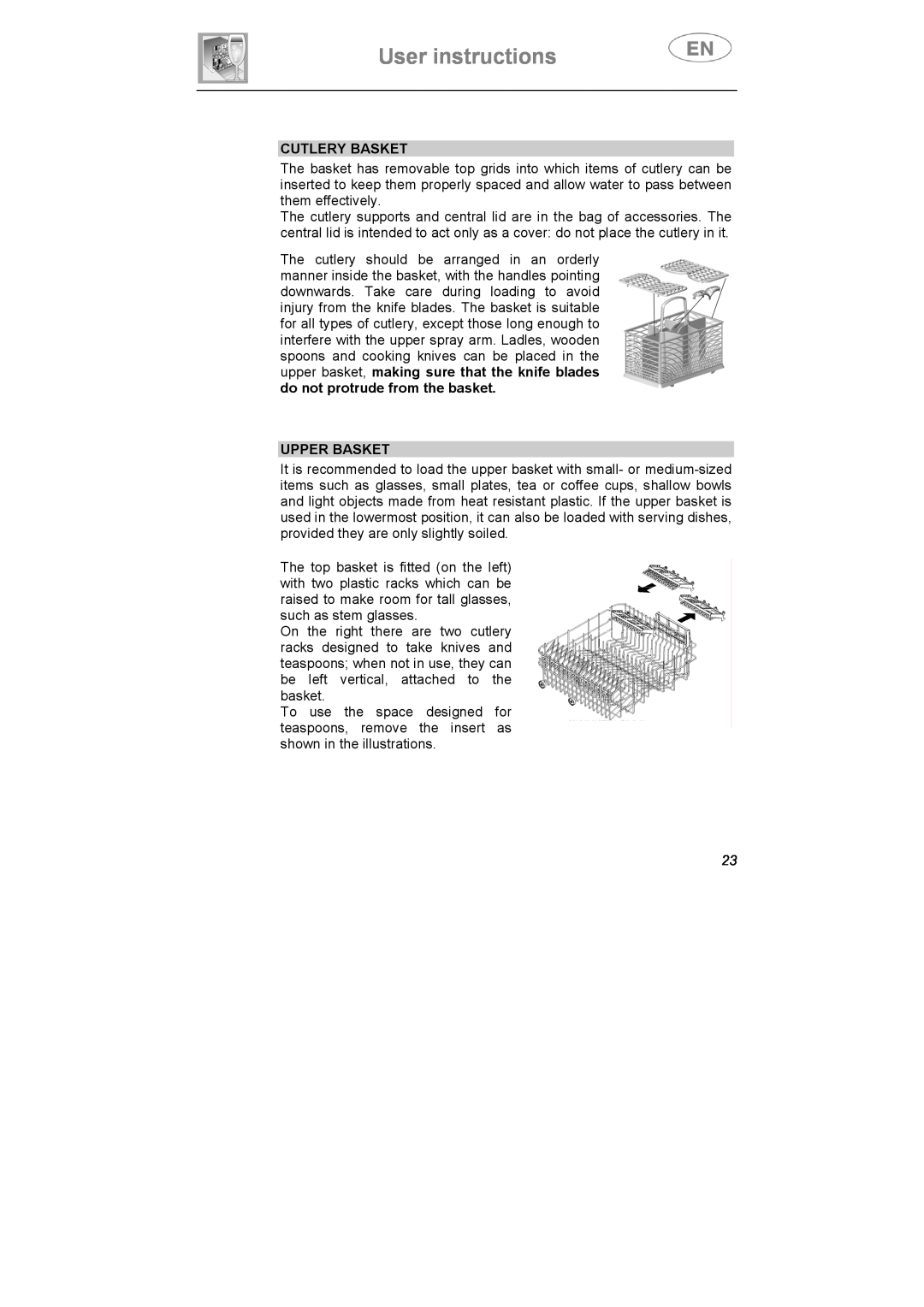 Smeg CA01-5, CA01-4, CA01S manual User instructions, Cutlery Basket, Upper Basket 