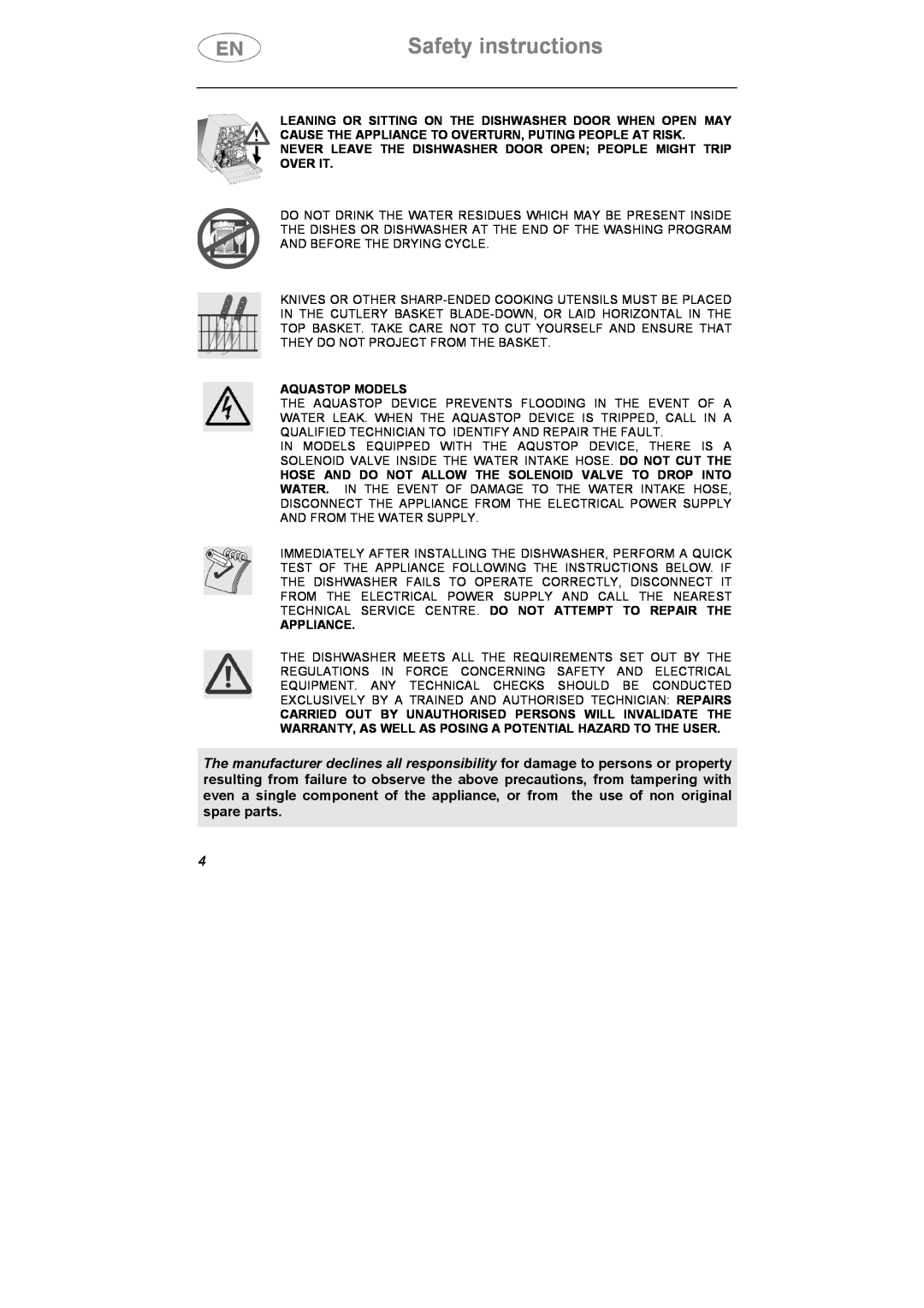 Smeg CA01S, CA01-5, CA01-4 manual Safety instructions, Aquastop Models 