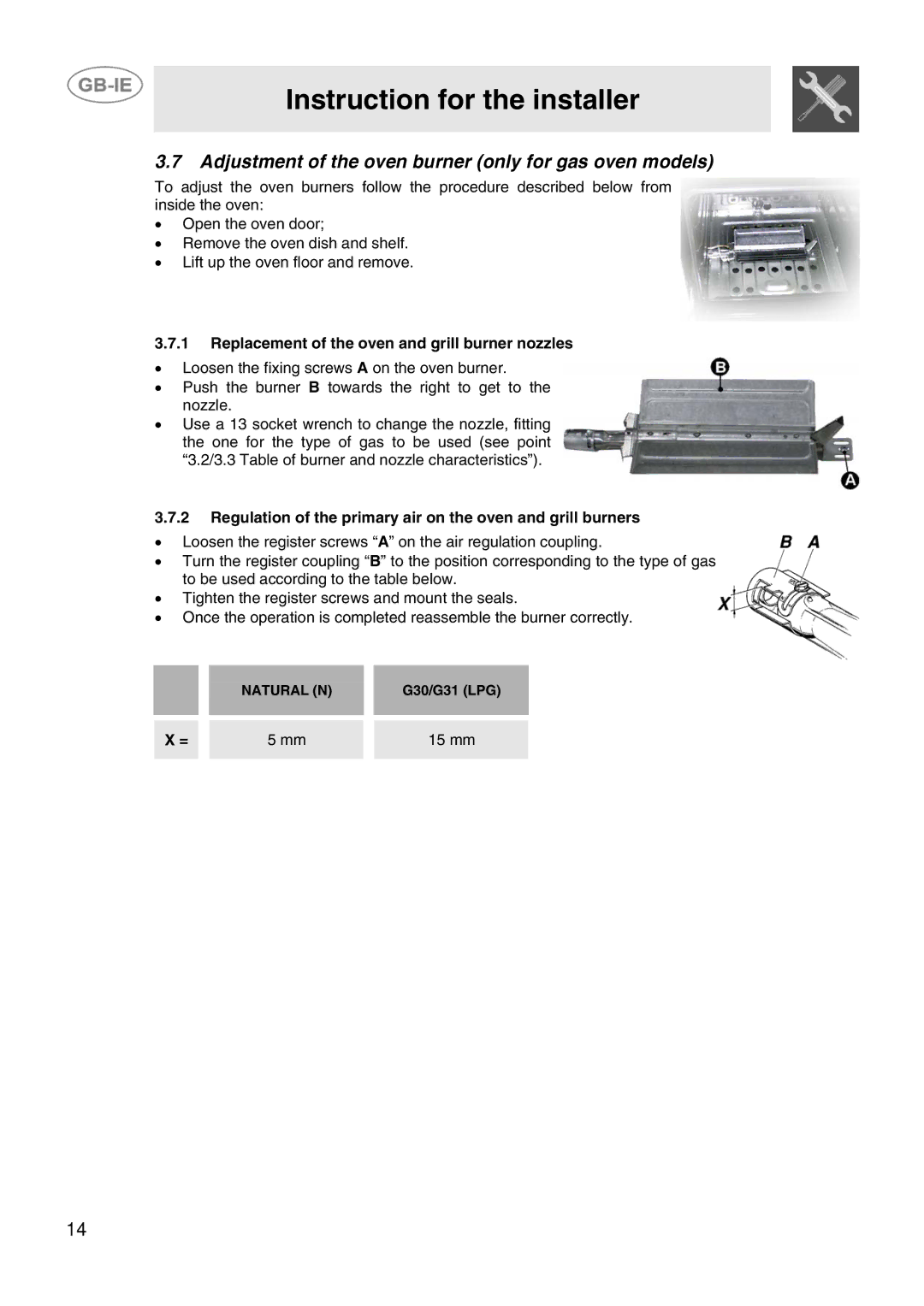 Smeg CB61ME manual Adjustment of the oven burner only for gas oven models, Replacement of the oven and grill burner nozzles 