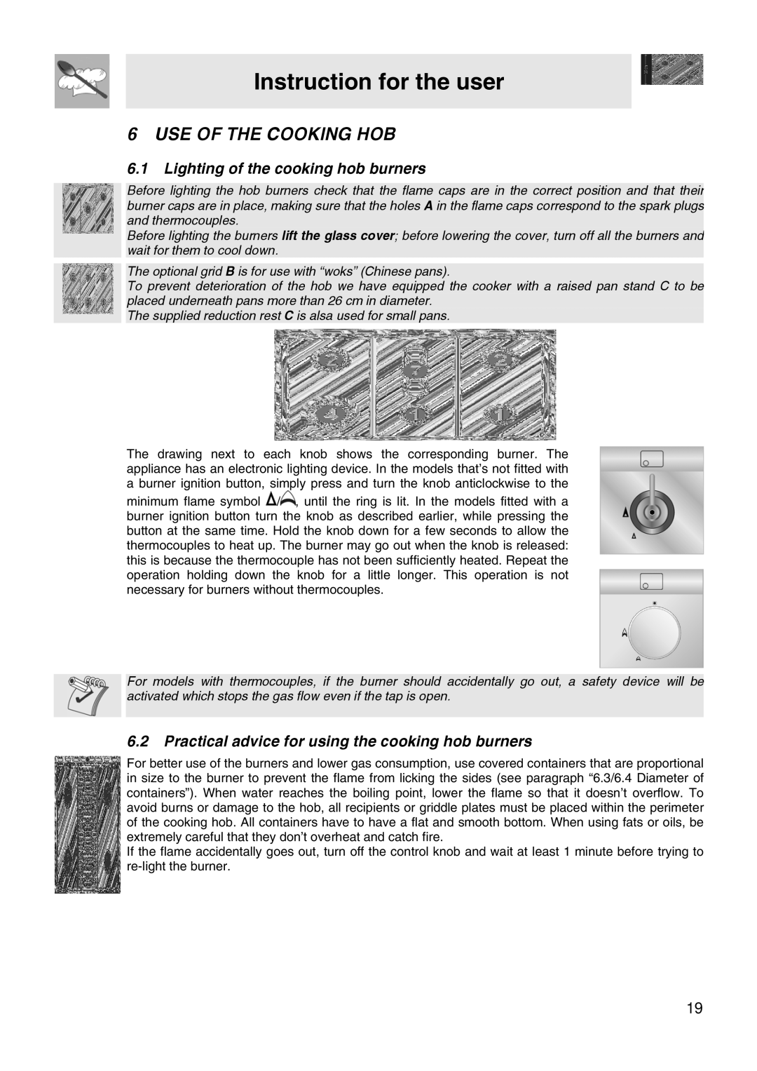 Smeg CB61IR, CB61ME manual USE of the Cooking HOB, Lighting of the cooking hob burners 