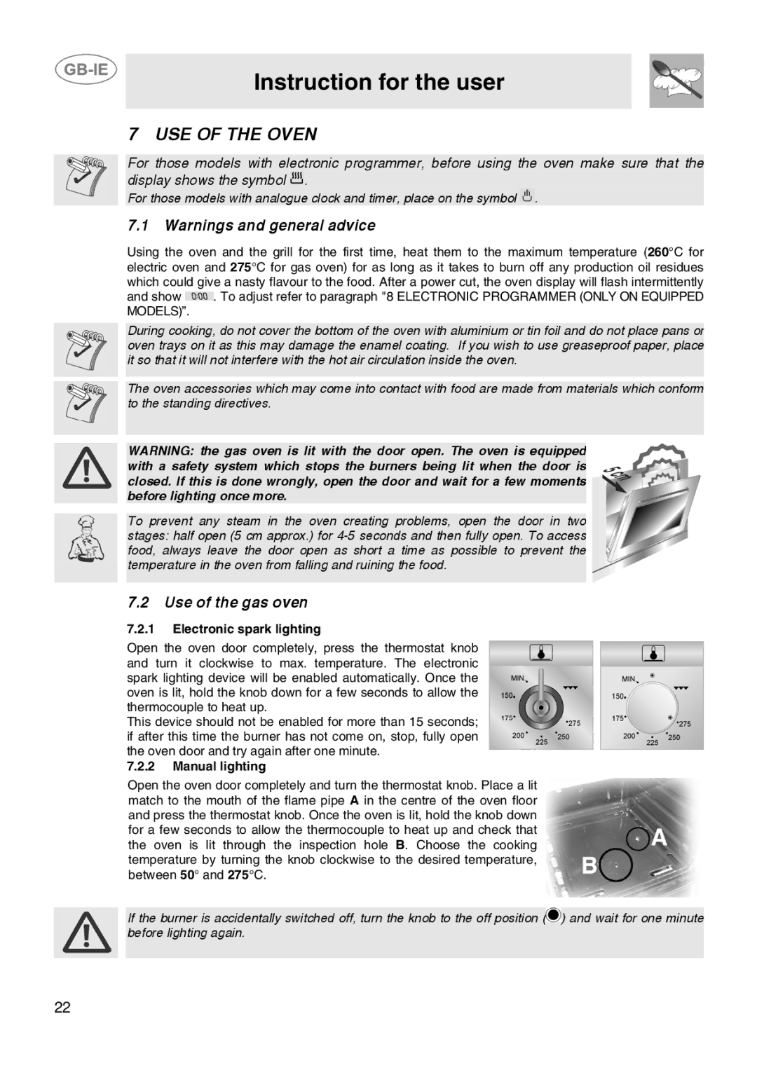 Smeg CB61ME, CB61IR manual USE of the Oven, Use of the gas oven, Electronic spark lighting, Manual lighting 