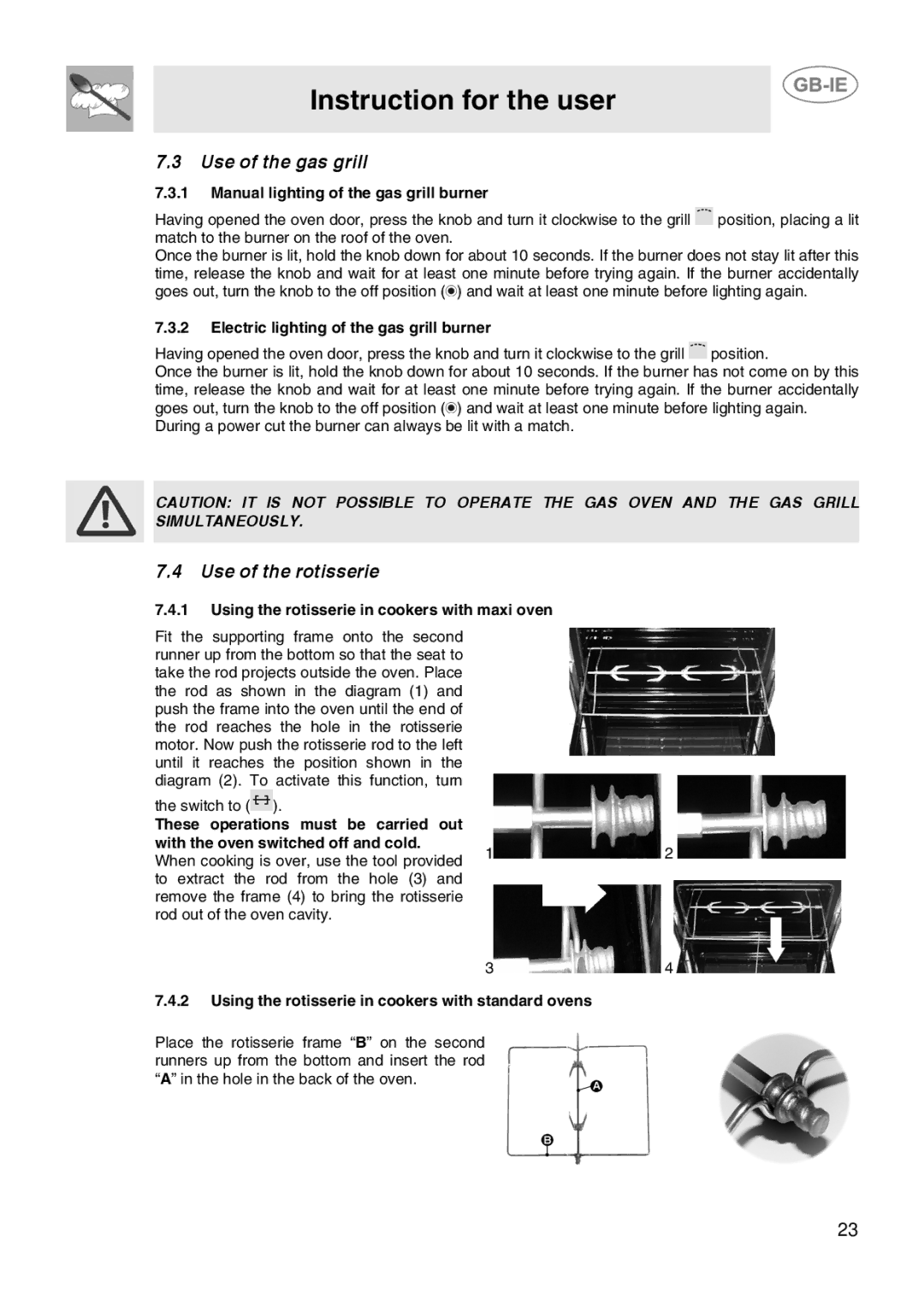 Smeg CB61IR, CB61ME manual Use of the gas grill, Use of the rotisserie, Manual lighting of the gas grill burner 