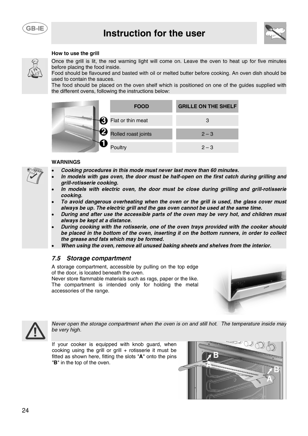 Smeg CB61ME, CB61IR manual Storage compartment, How to use the grill 