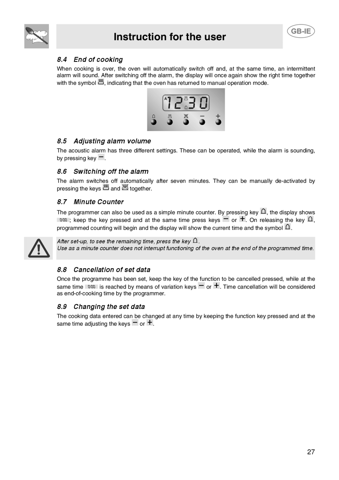 Smeg CB61IR End of cooking, Adjusting alarm volume, Switching off the alarm, Minute Counter, Cancellation of set data 