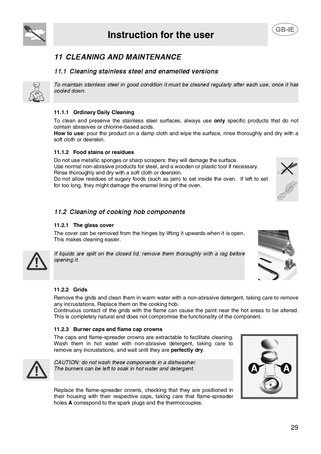 Smeg CB61IR Cleaning and Maintenance, Cleaning stainless steel and enamelled versions, Cleaning of cooking hob components 