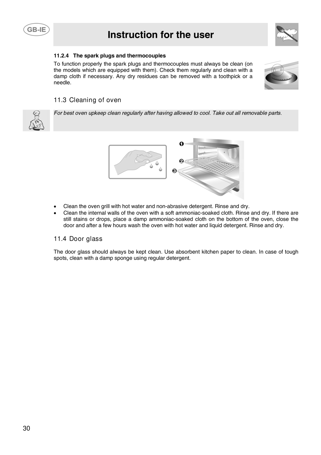 Smeg CB61ME, CB61IR manual Cleaning of oven, Door glass, Spark plugs and thermocouples 