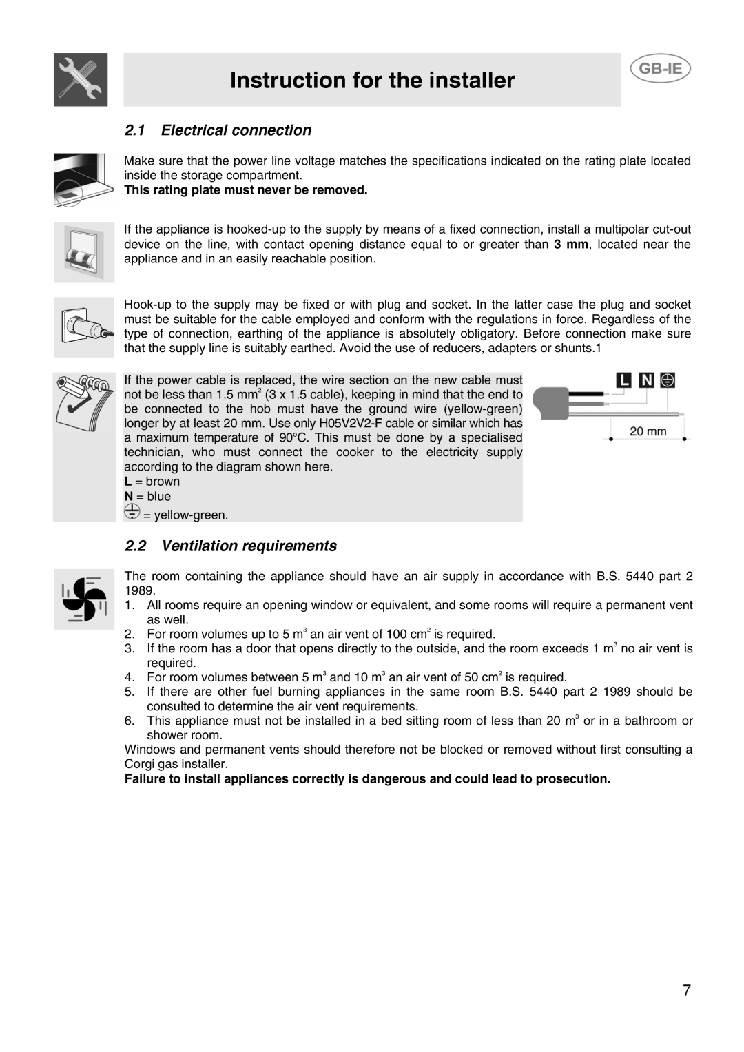 Smeg CB61IR, CB61ME manual Electrical connection, Ventilation requirements, This rating plate must never be removed 