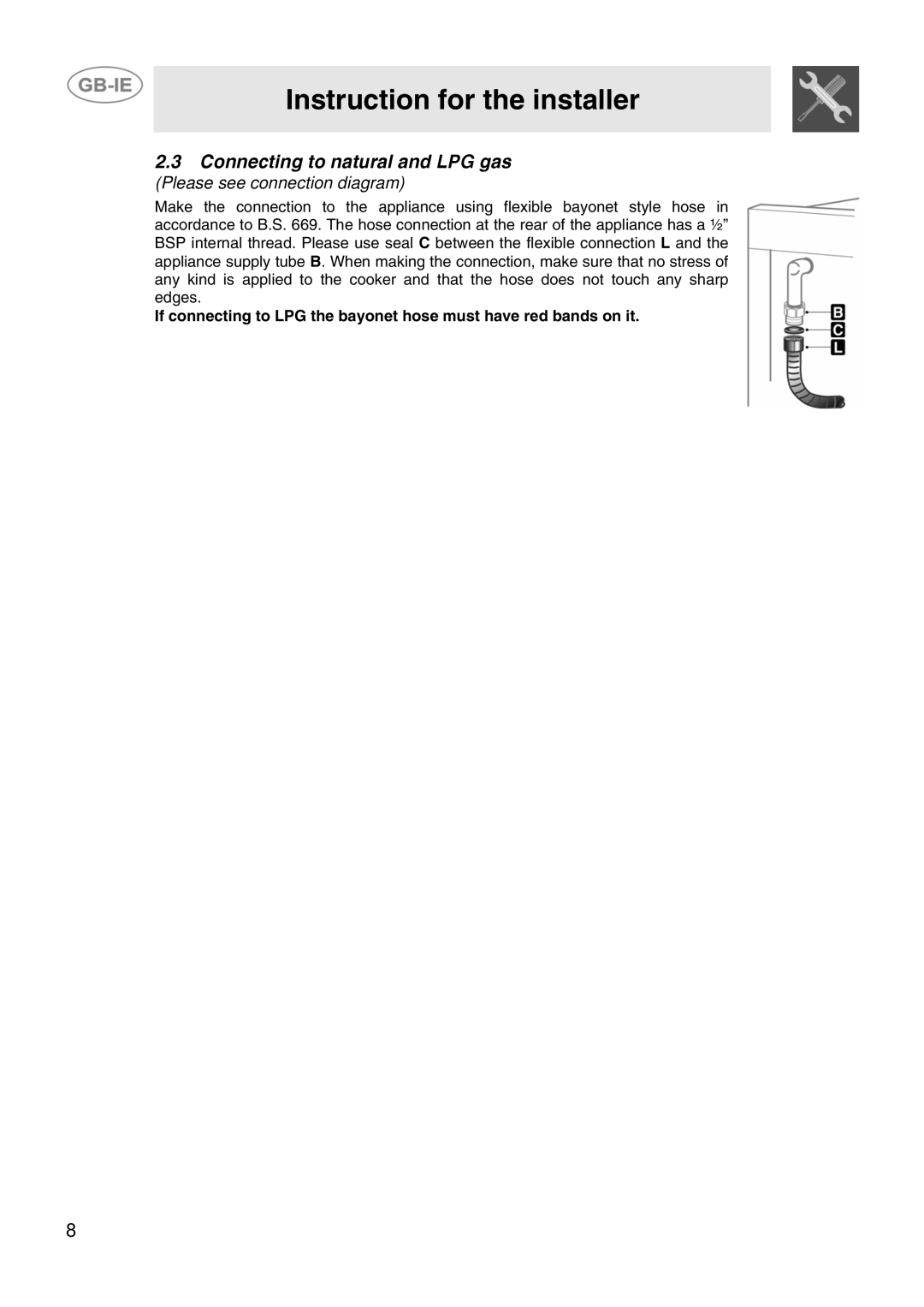 Smeg CB61ME, CB61IR manual Connecting to natural and LPG gas, Please see connection diagram 