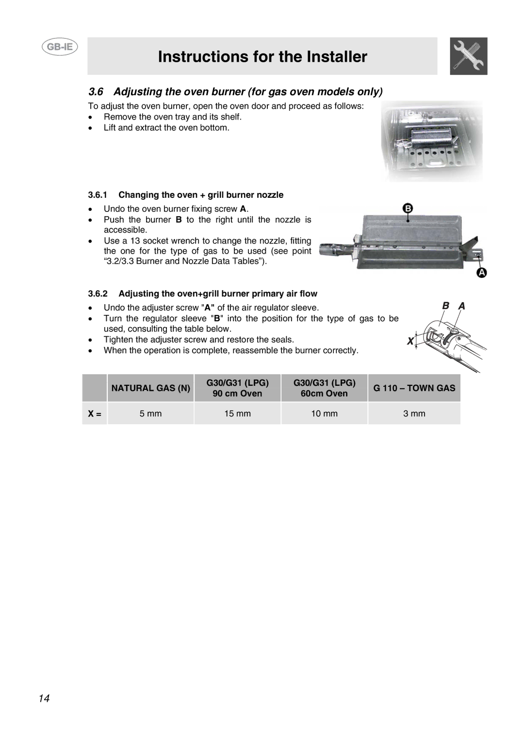 Smeg CB61VES Adjusting the oven burner for gas oven models only, Changing the oven + grill burner nozzle, Natural GAS N 