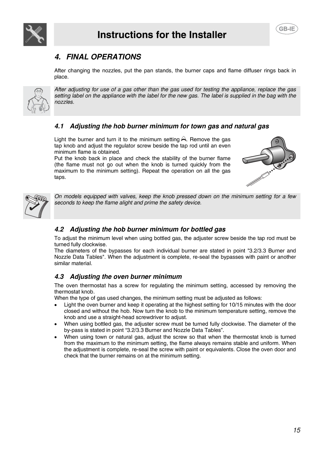 Smeg CB61VES manual Final Operations, Adjusting the hob burner minimum for bottled gas, Adjusting the oven burner minimum 