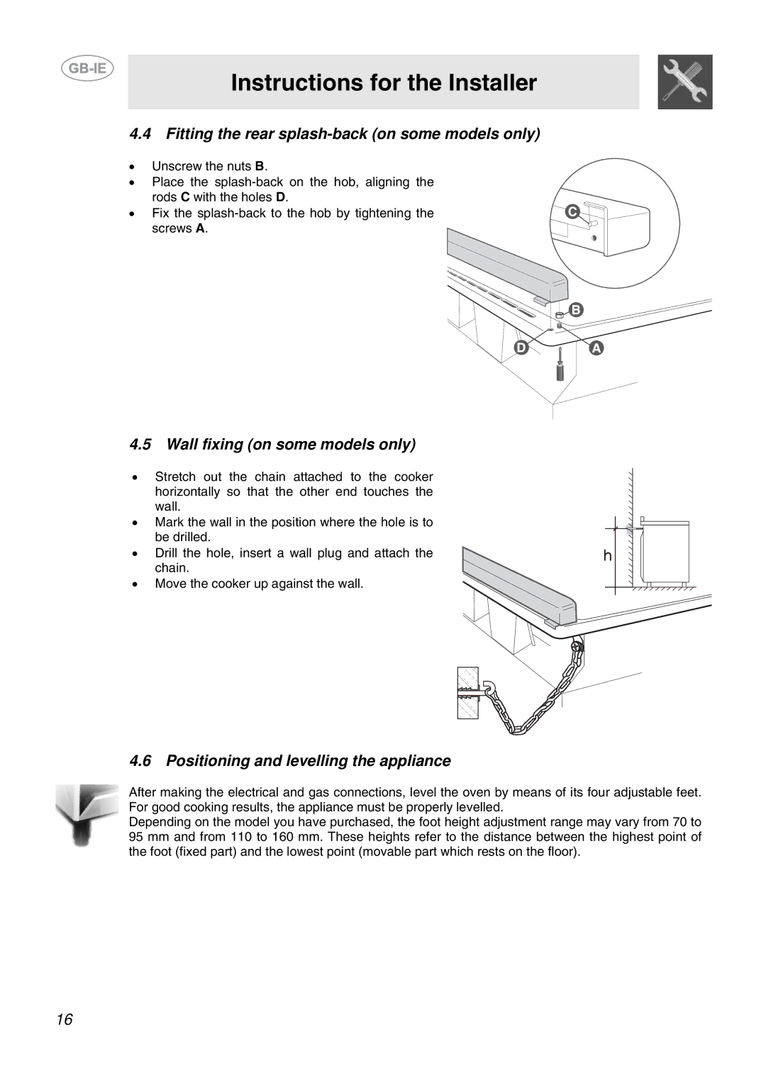 Smeg CB61VES manual Fitting the rear splash-back on some models only, Wall fixing on some models only 