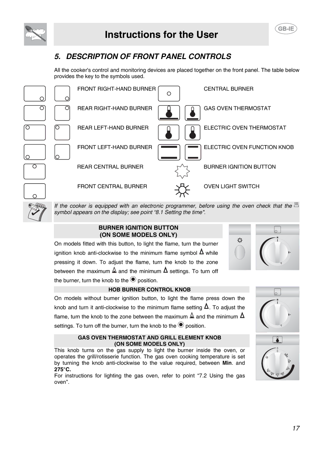 Smeg CB61VES manual Description of Front Panel Controls, HOB Burner Control Knob, 275C 