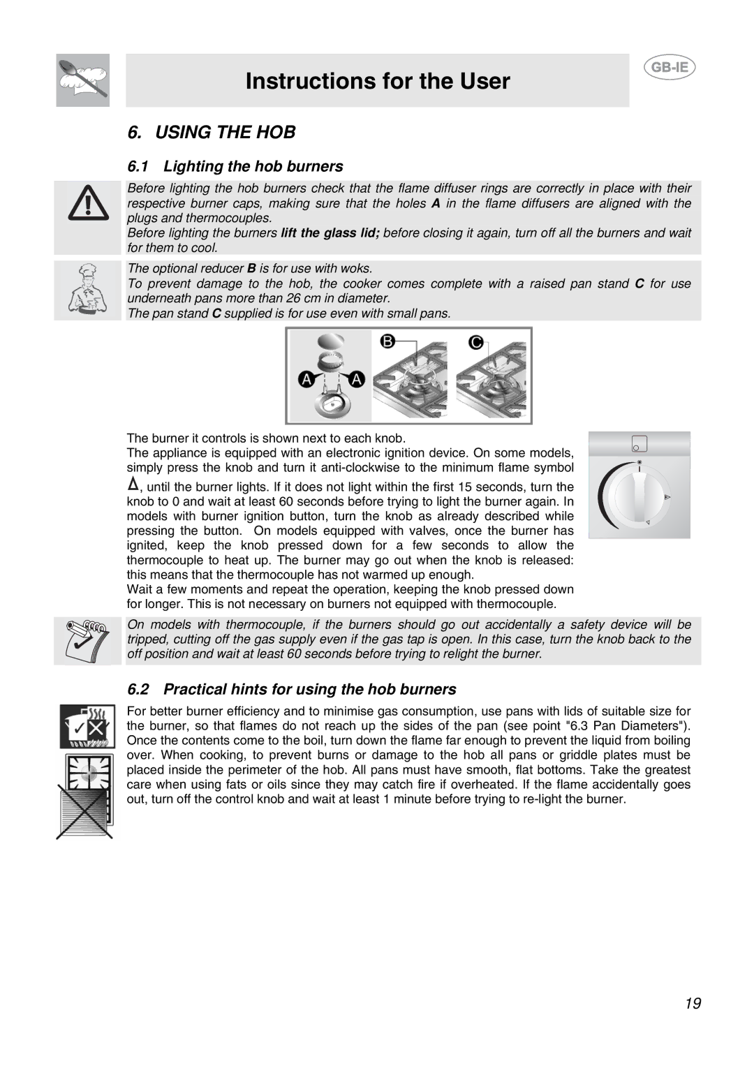 Smeg CB61VES manual Using the HOB, Lighting the hob burners, Practical hints for using the hob burners 