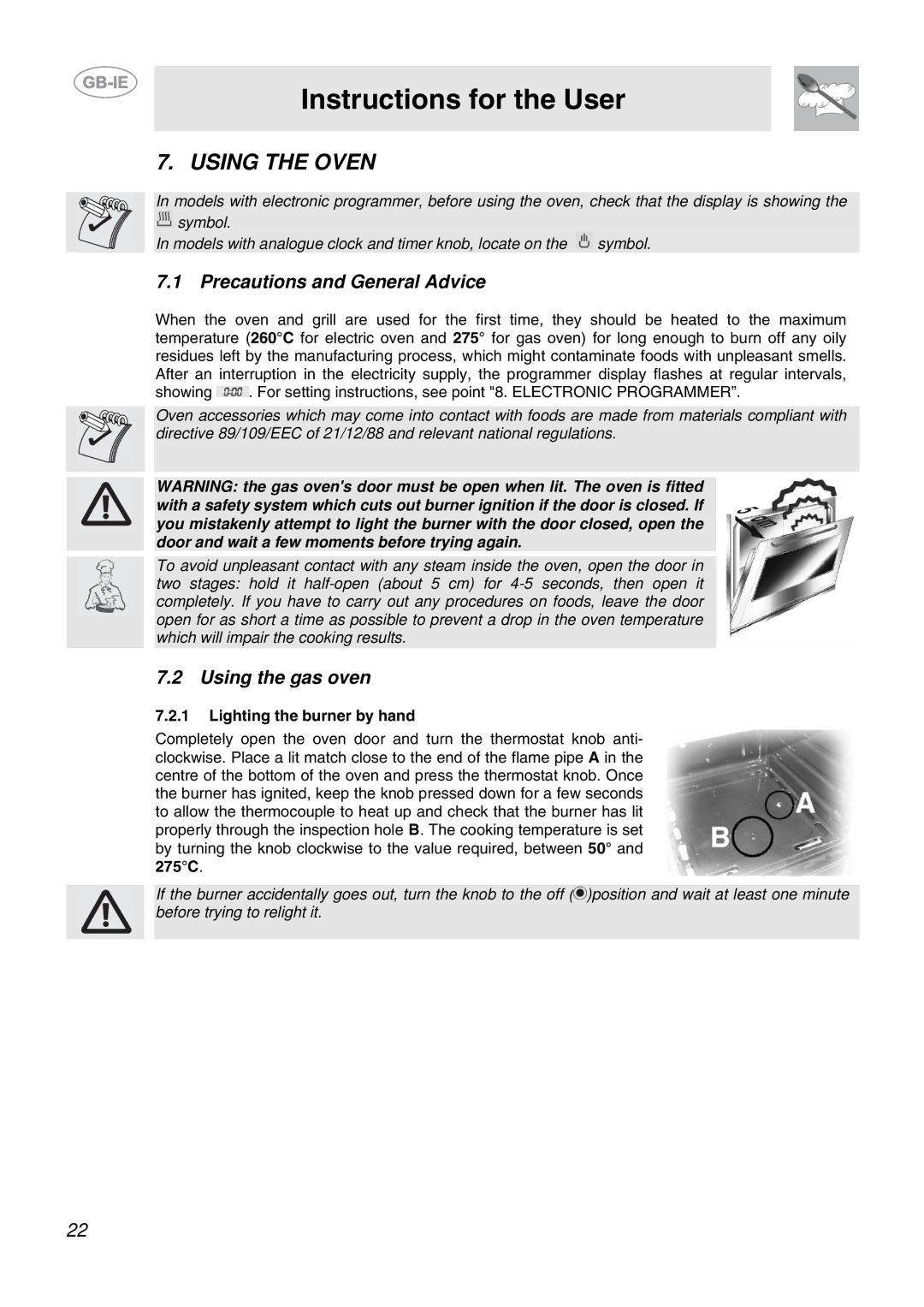 Smeg CB61VES manual Using the Oven, Precautions and General Advice, Using the gas oven, Lighting the burner by hand 