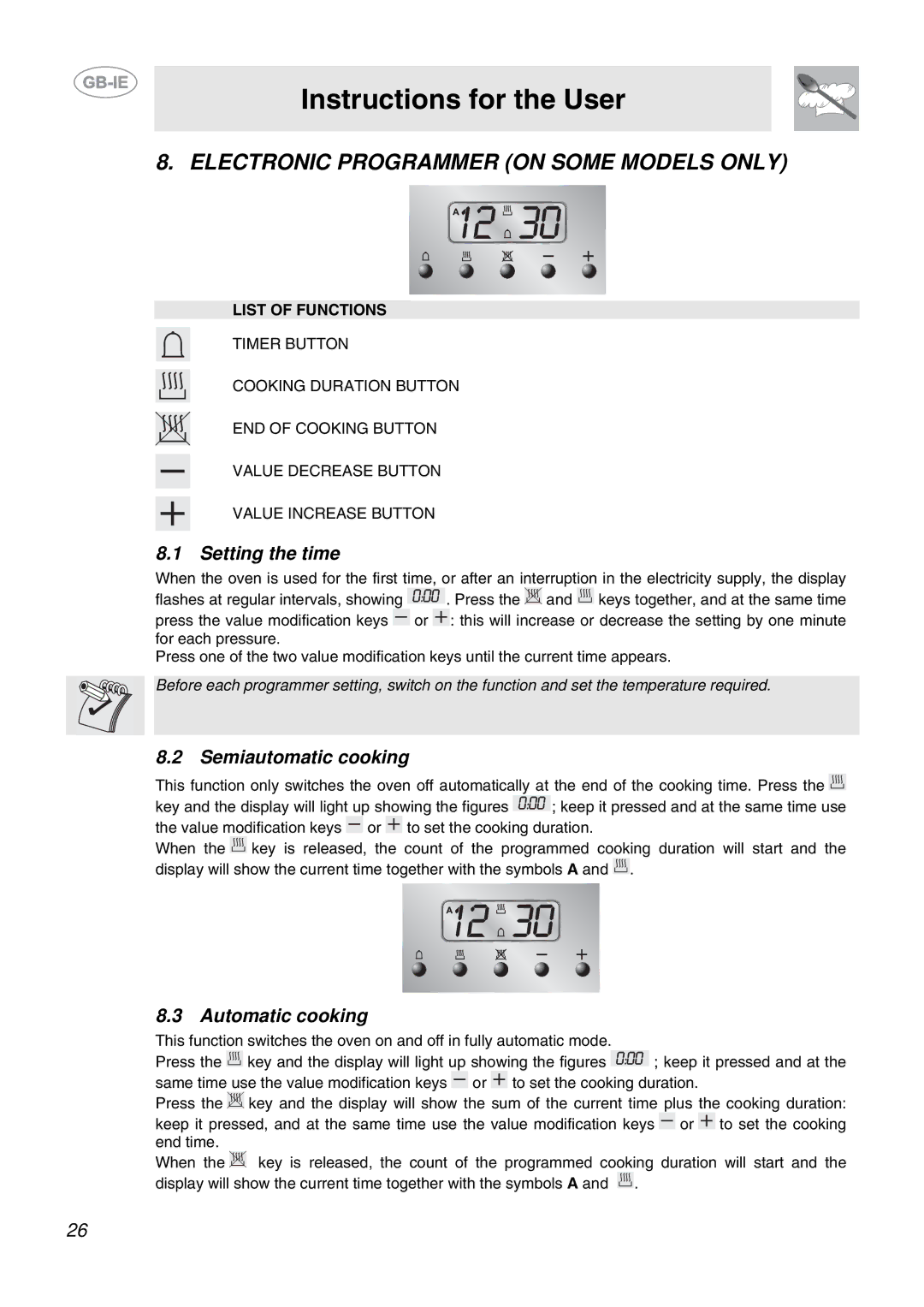 Smeg CB61VES manual Electronic Programmer on Some Models only, Setting the time, Semiautomatic cooking, Automatic cooking 