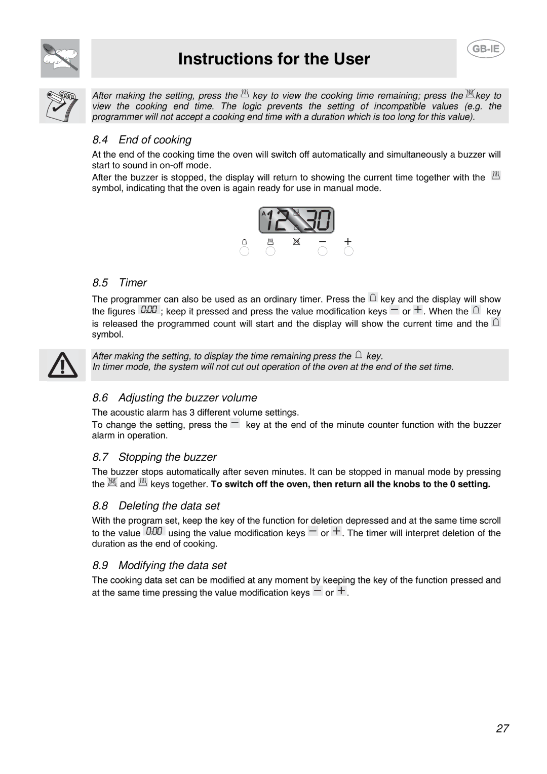 Smeg CB61VES manual End of cooking, Timer, Adjusting the buzzer volume, Stopping the buzzer, Deleting the data set 