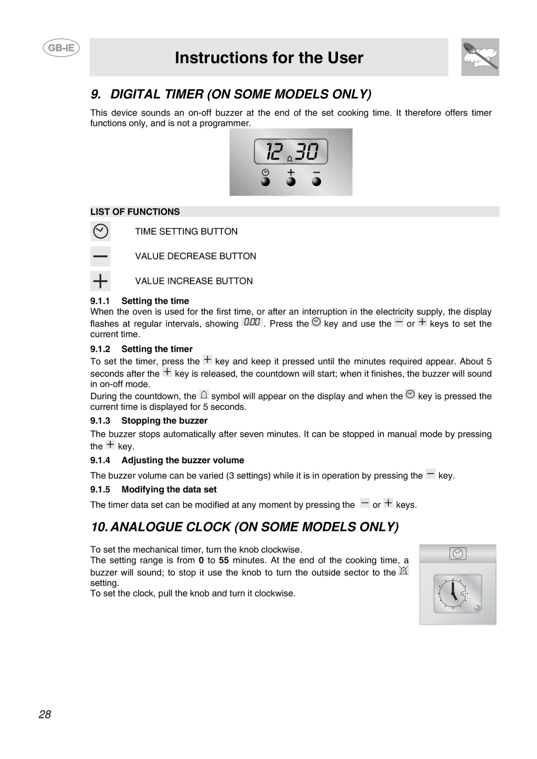 Smeg CB61VES manual Digital Timer on Some Models only, Analogue Clock on Some Models only 