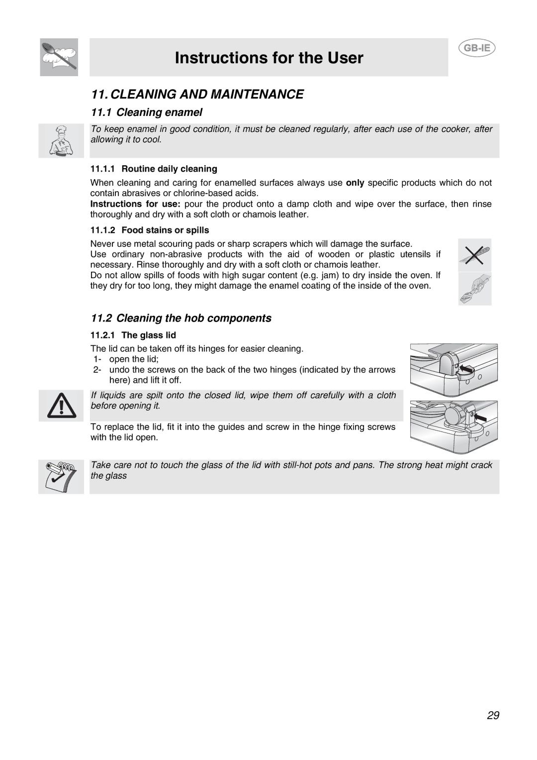 Smeg CB61VES manual Cleaning and Maintenance, Cleaning enamel, Cleaning the hob components 