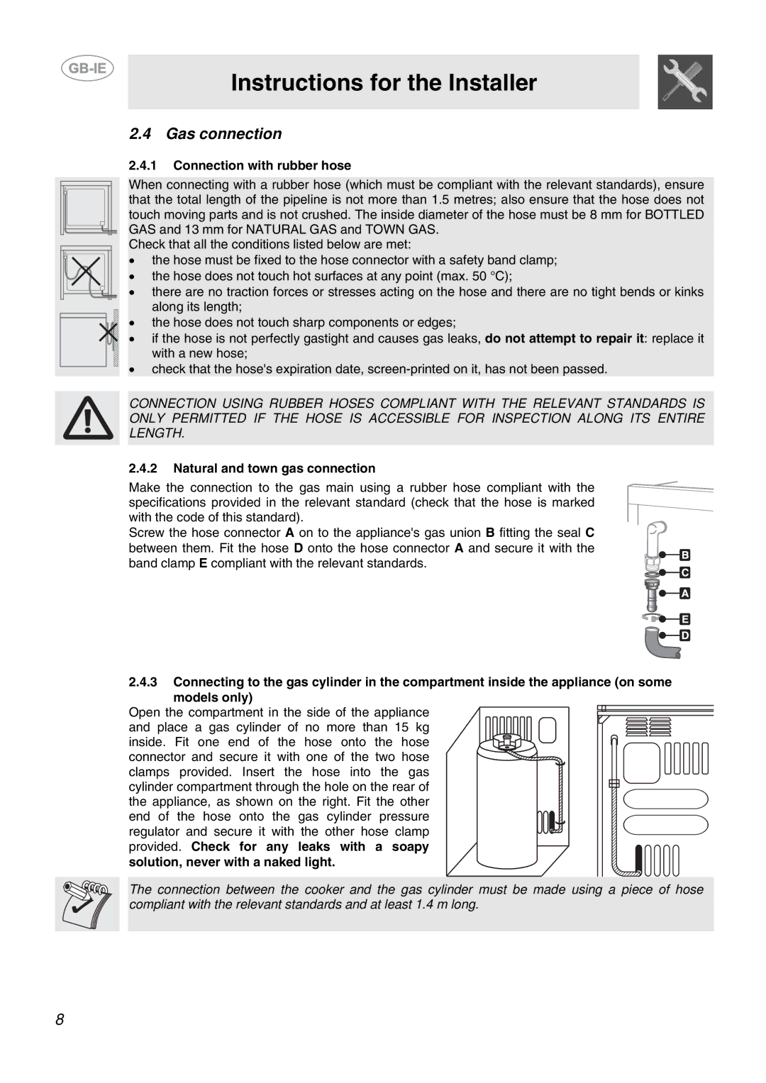 Smeg CB61VES manual Gas connection, Connection with rubber hose, Natural and town gas connection 